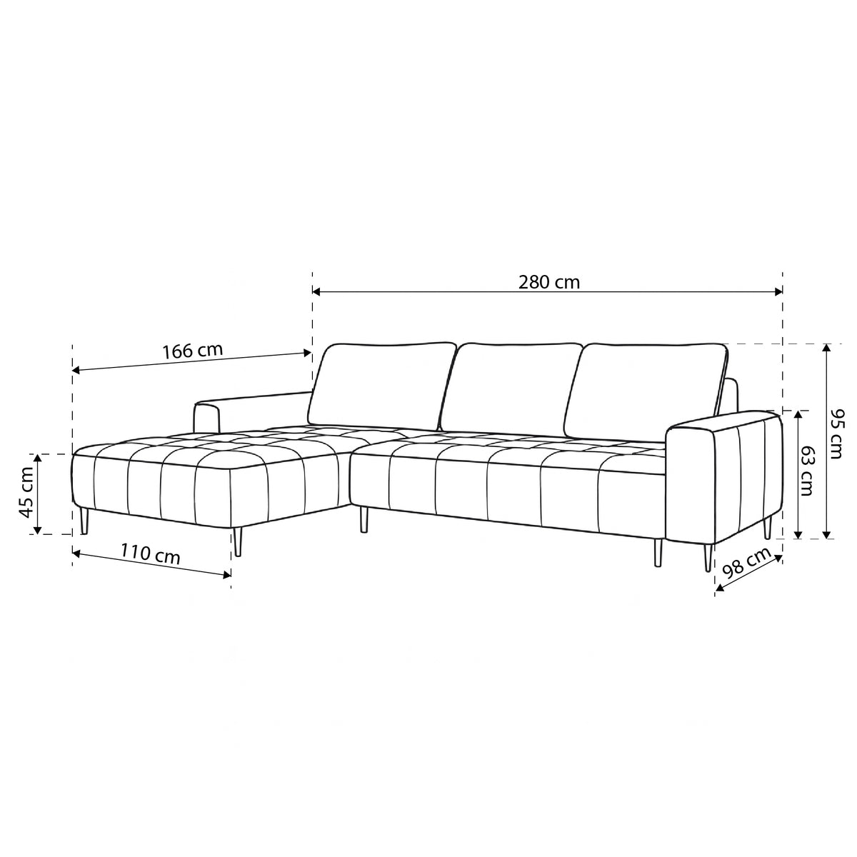 Francessco-hjørnesofa med opbevaringsrum til sengetøj, 280 cm, i elegant stil – tegning med mål