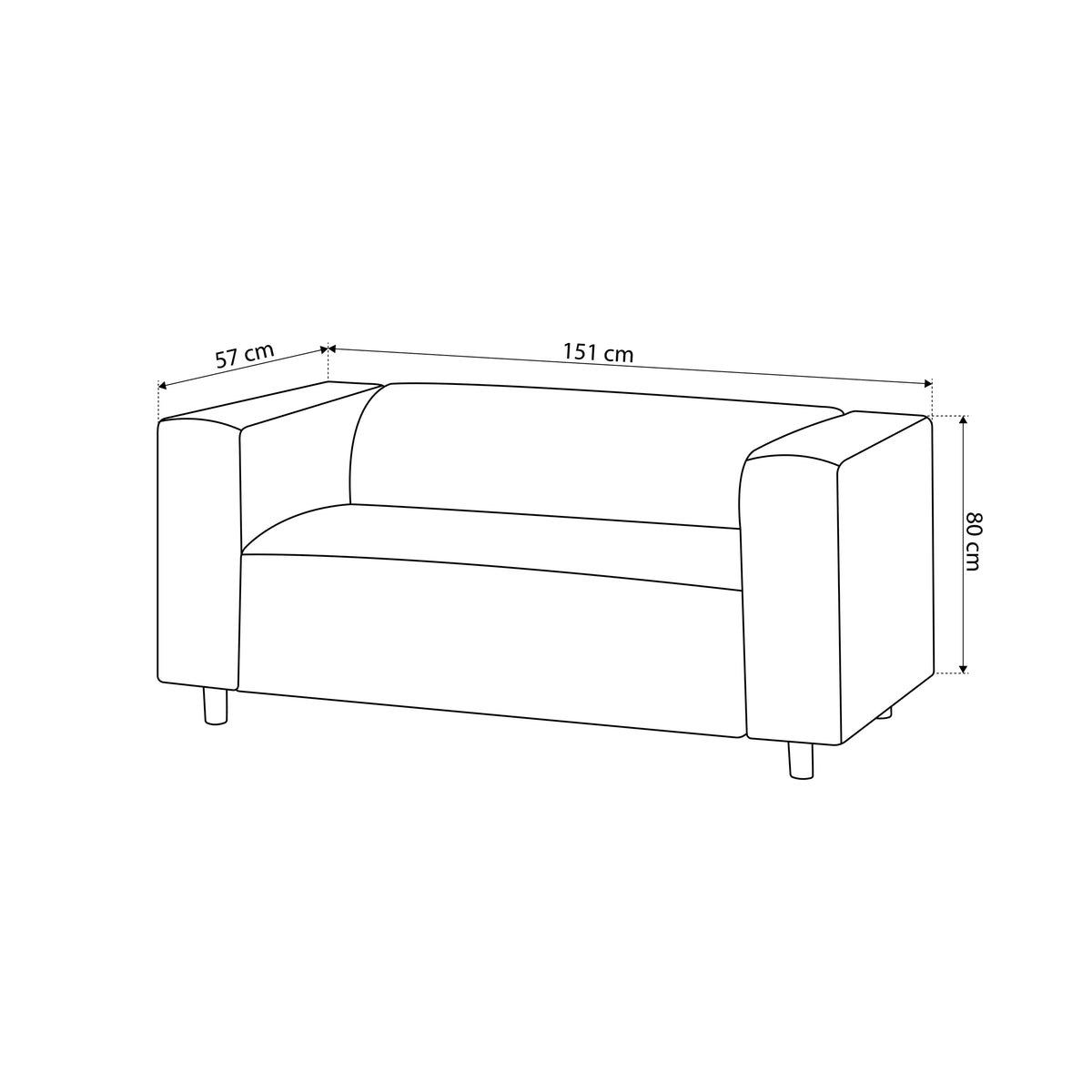 July 2-personers sofa 151 cm – tegning med mål