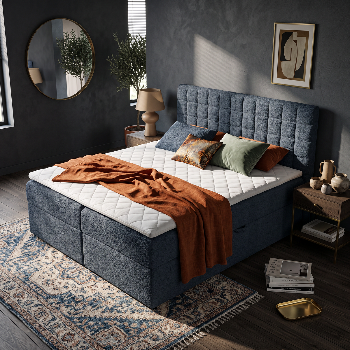 Laky-kontinentalseng i størrelserne 140x200, 160x200 og 180x200 med topmadras og opbevaringsrum i moderne stil – i indretningen