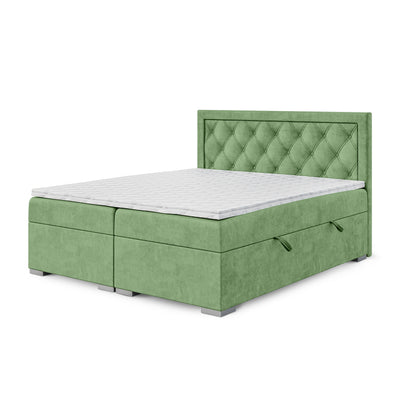 Łóżko kontynentalne pikowane w romby z dwoma pojemnikami w stylu glamour | Santia 180x200 Wiosenna Szałwia (MAGIC VELVET 2236)