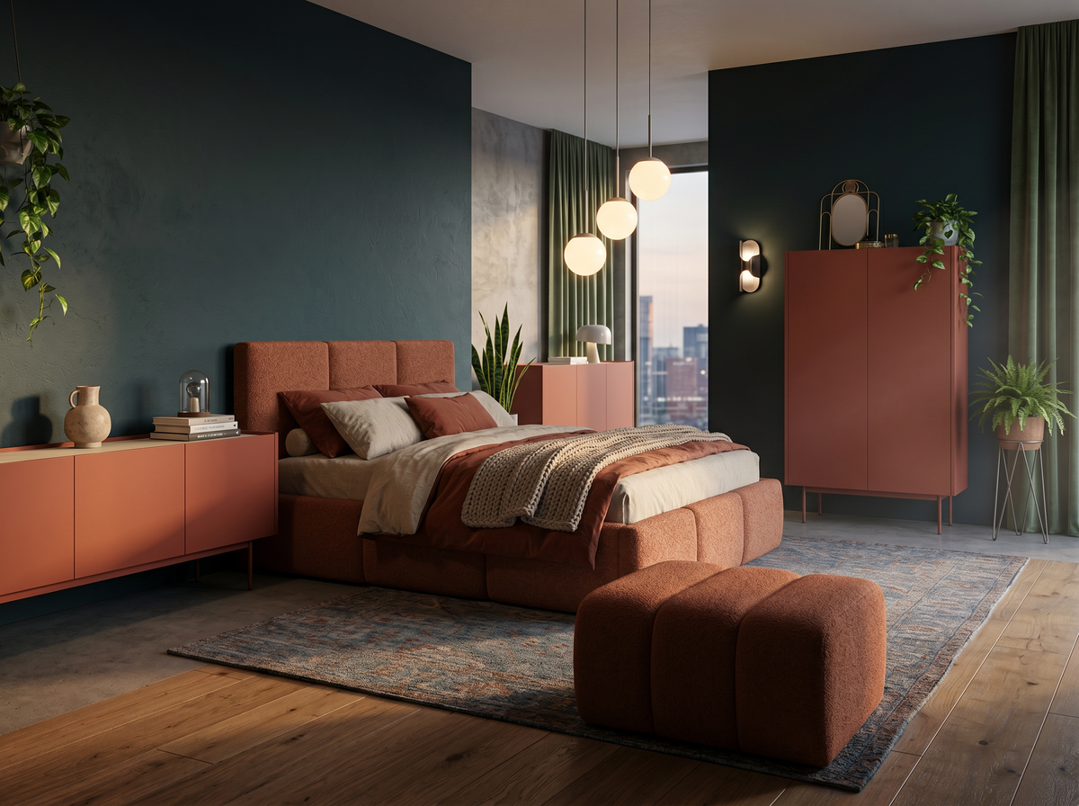 Modern bedroom with a Melora upholstered bed and a brick-red Baloa pouffe, Bema chests of drawers and TV unit and a Triella pendant lamp
