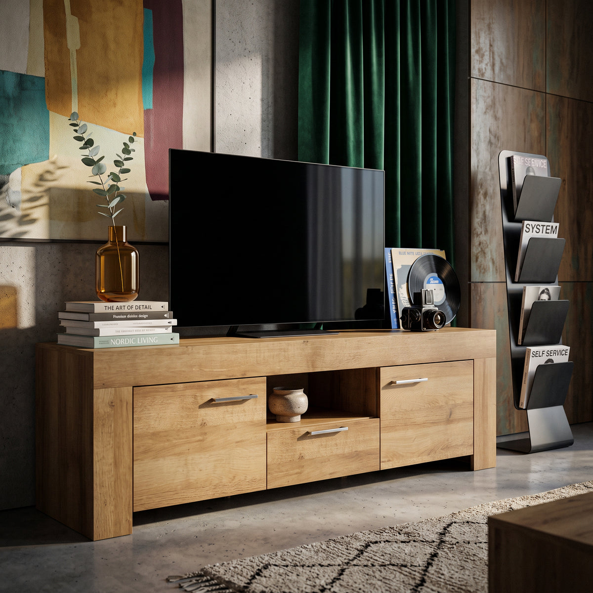 TV-bord + hylde 155x50+155x20 i moderne stil – model Gorky – i indretningen