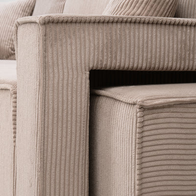 Klara-hjørnesofa, universalmodel med sovefunktion og puf i moderne stil – nærbillede af detaljer og overflade