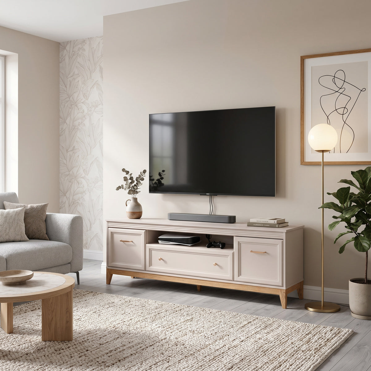 Serena TV-bord til tv, 179x62, med fræsede fronter i modern classic-stil – i indretningen