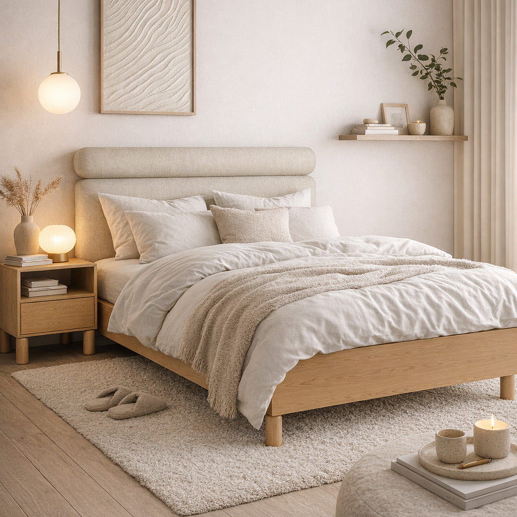 Fjord-polstret seng 140/160 x 200 med opbevaringsplads i skandinavisk stil – i indretningen
