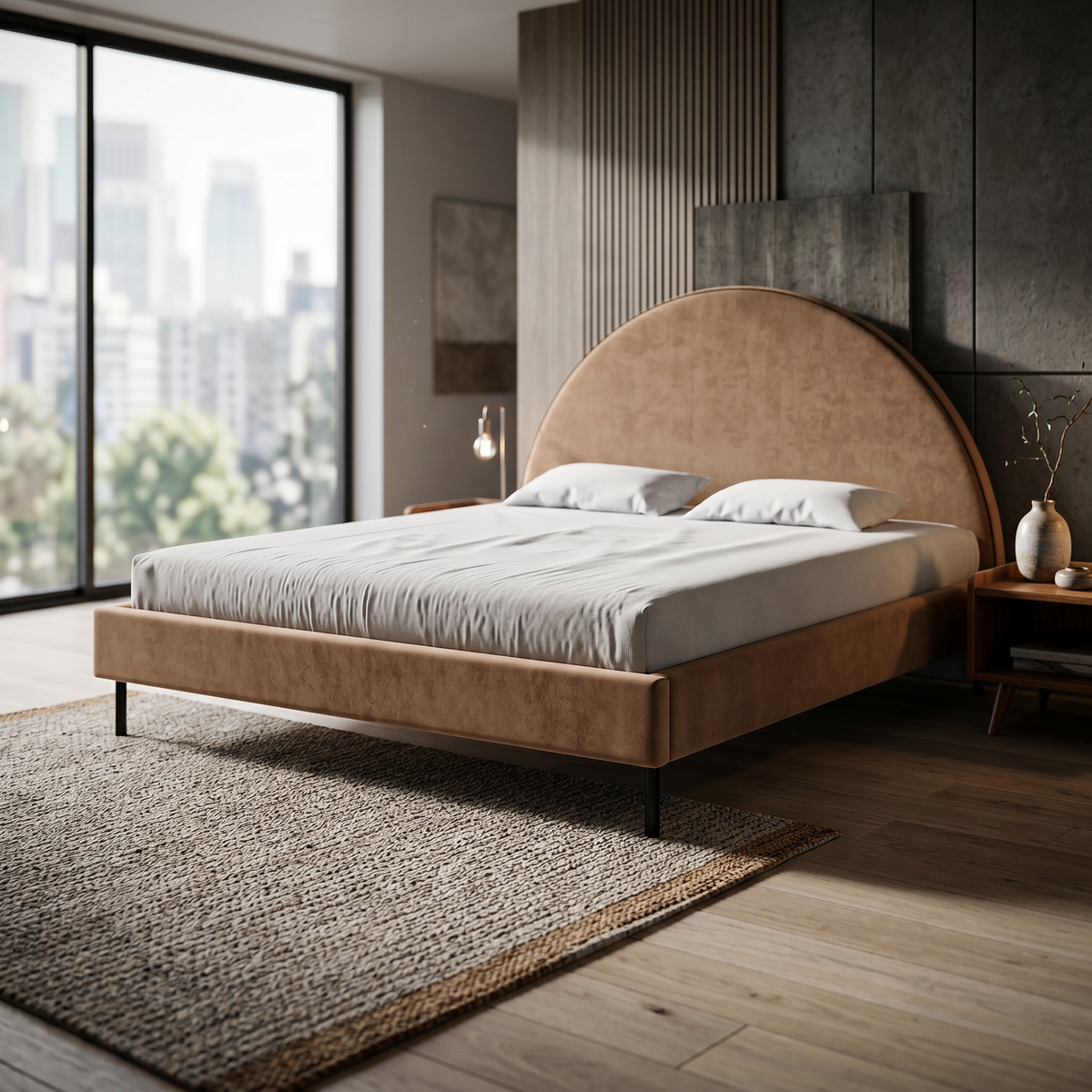 Zora-polstret seng i størrelserne 140x200, 160x200 og 180x200 med halvrundt hovedgærde og opbevaringsrum i soft modern-stil – i indretningen