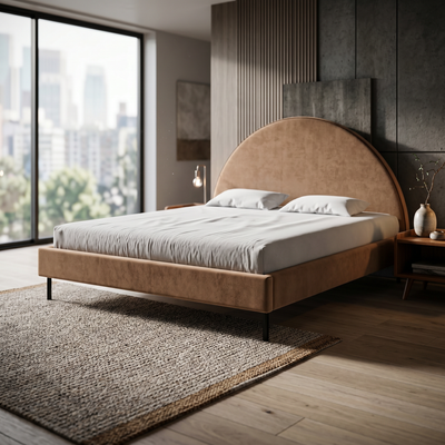 Zora-polstret seng i størrelserne 140x200, 160x200 og 180x200 med halvrundt hovedgærde og opbevaringsrum i soft modern-stil – i indretningen
