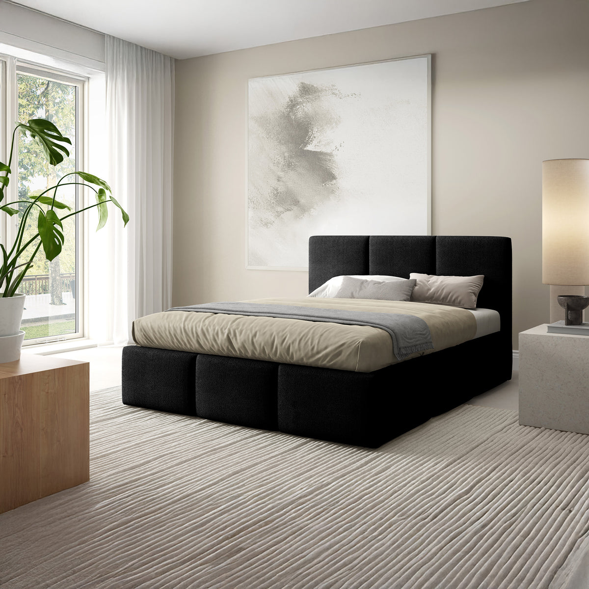 Melora-polstret seng i størrelserne 140x200, 160x200 og 180x200 med opbevaringsrum i moderne stil, stof i farven Coral – i indretningen