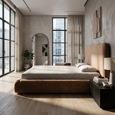 Paries-polsterseng i størrelserne 140x200, 160x200 og 180x200 med opbevaringsrum i modern organic-stil – i indretningen