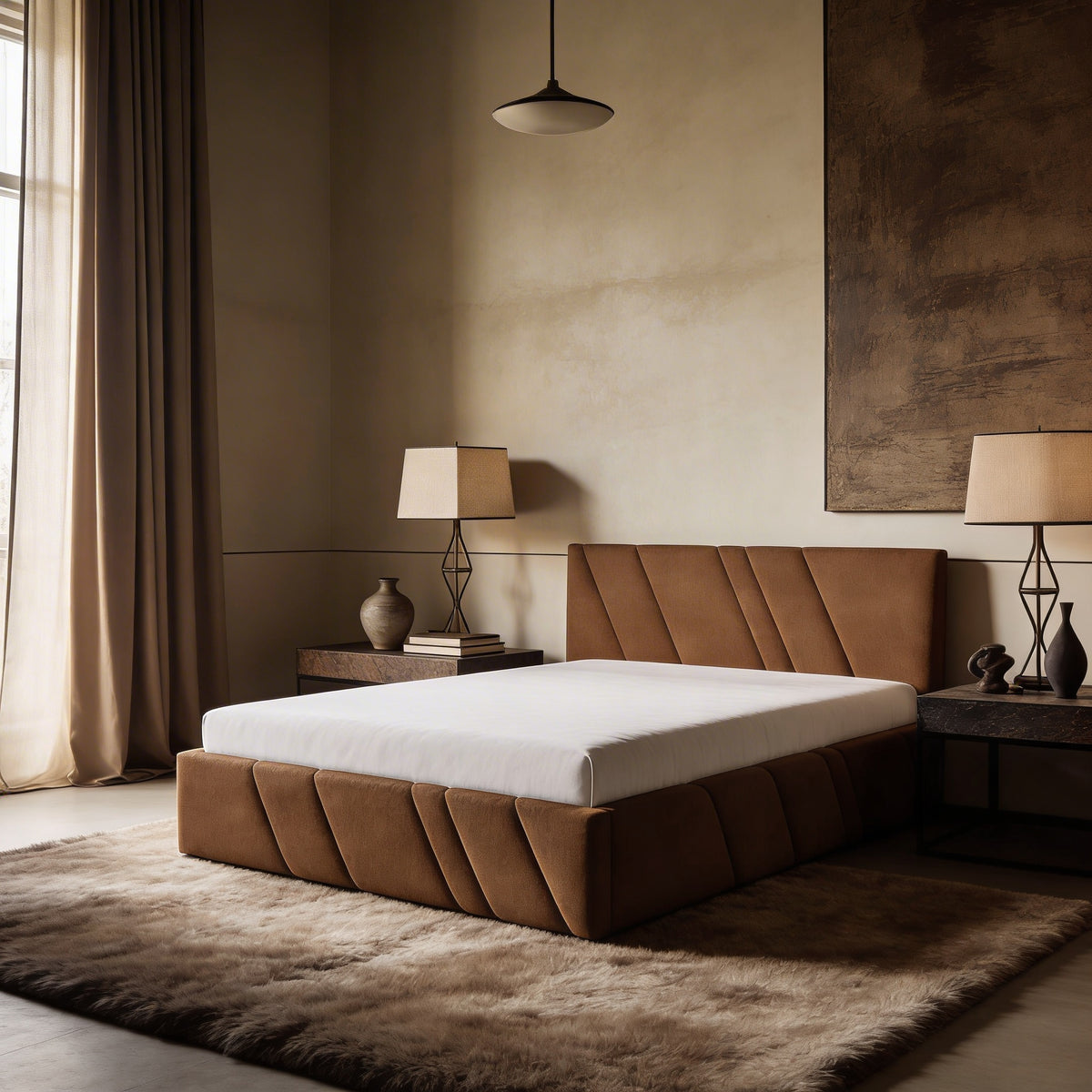 Raiz-polstret seng i størrelserne 140x200, 160x200 og 180x200, quiltet med opbevaringsrum i moderne stil, stof i farven Coral – i indretningen