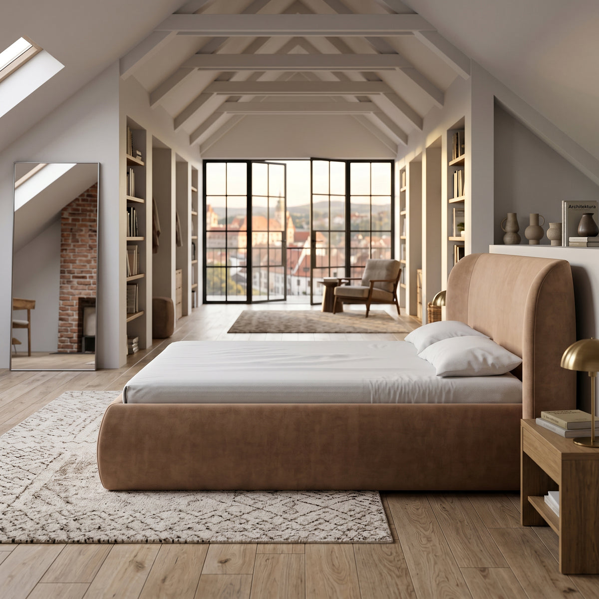 Frasspo-polstret seng i størrelserne 140x200, 160x200 og 180x200 med opbevaringsrum i modern soft-stil – i indretningen