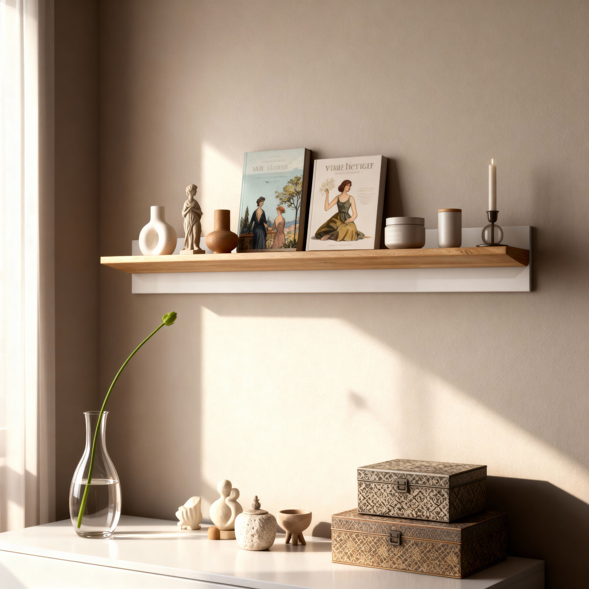 Półka Armelia ścienna do salonu i sypialni 138x20 cm w stylu nowoczesnym – wisząca, minimalistyczna – w aranżacji wnętrza