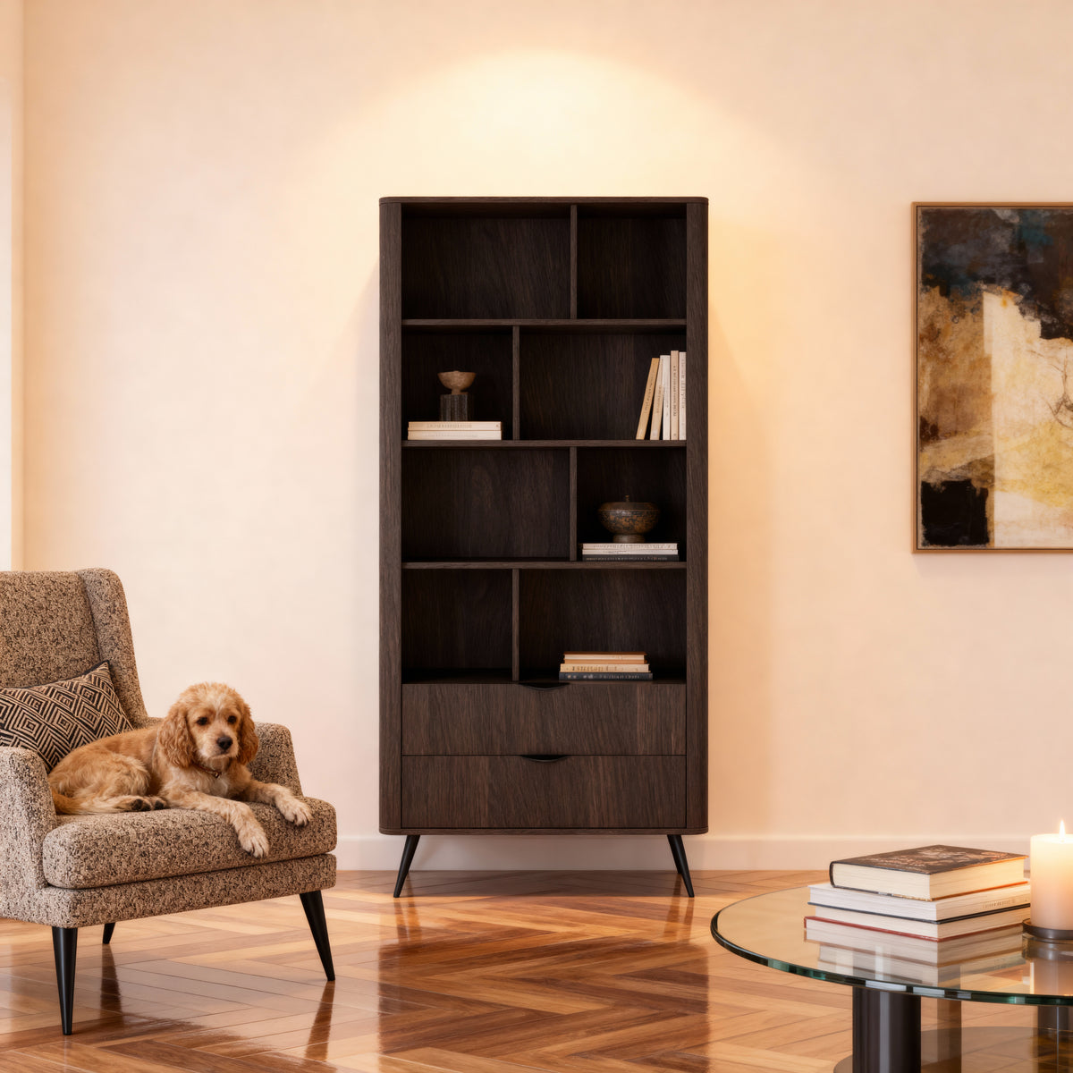 Velia-reol 88x194 med åbne hylder og skuffer i soft loft-stil – i indretningen