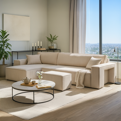 Klara-hjørnesofa, universel med sovefunktion og puf i moderne stil – i indretningen
