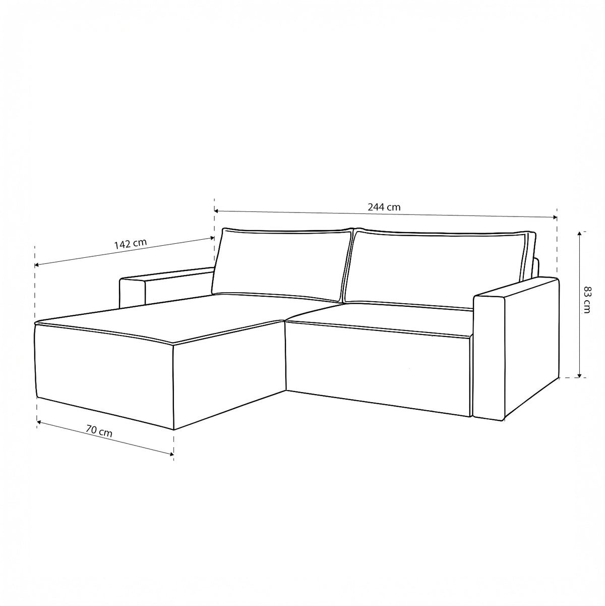 Agi universel hjørnesofa med sovefunktion til 3 personer, 200x142–154, i loftstil – tegning med mål