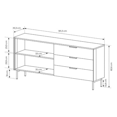 Lummer-kommode med låger og skuffer, 181 x 83, i moderne stil – tegning med mål