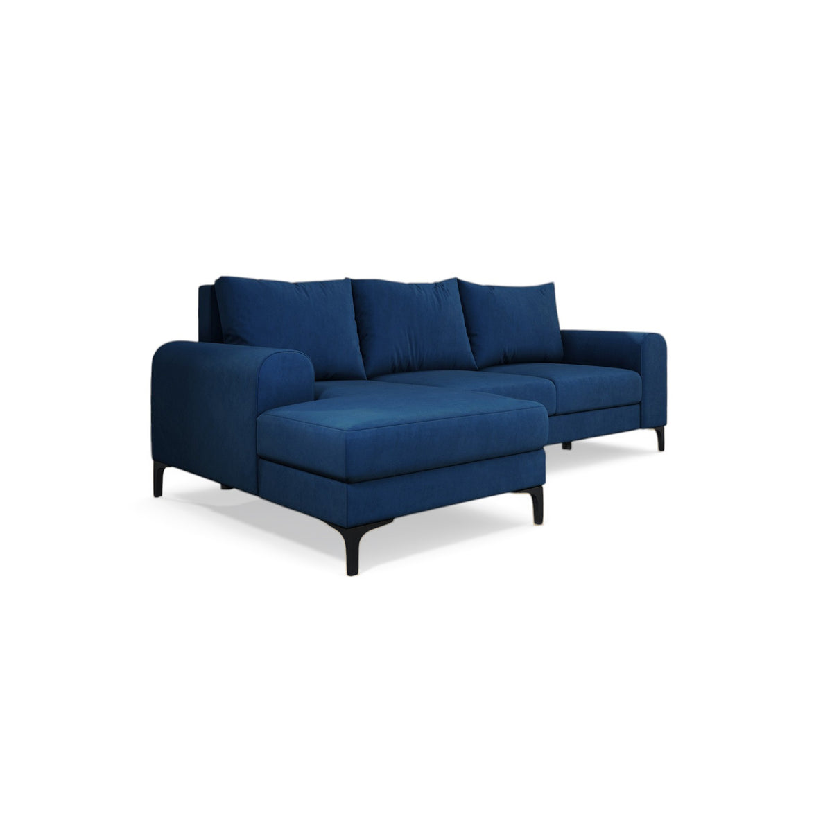Hjørnesofa Arpelo 245x145 venstrevendt Natsafir (MANILA 26) på sorte ben – moderne hjørnesofa med hynder