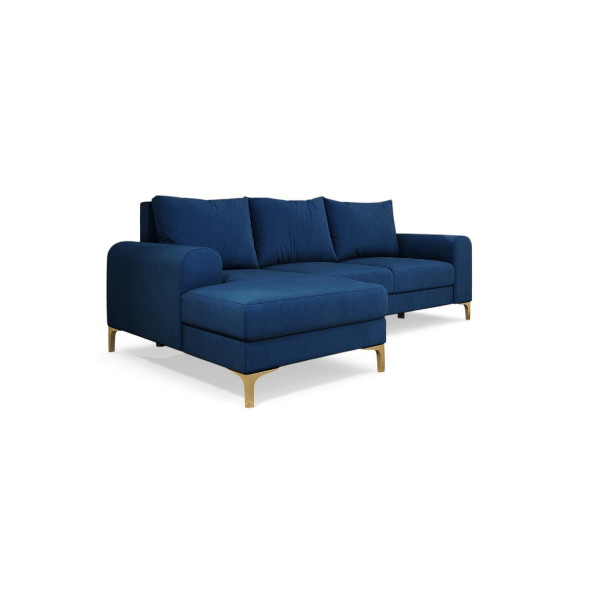 Hjørnesofa Arpelo 245x145 venstrevendt Natsafir (MANILA 26) på guldben – hjørnesofa med sovefunktion set skråt