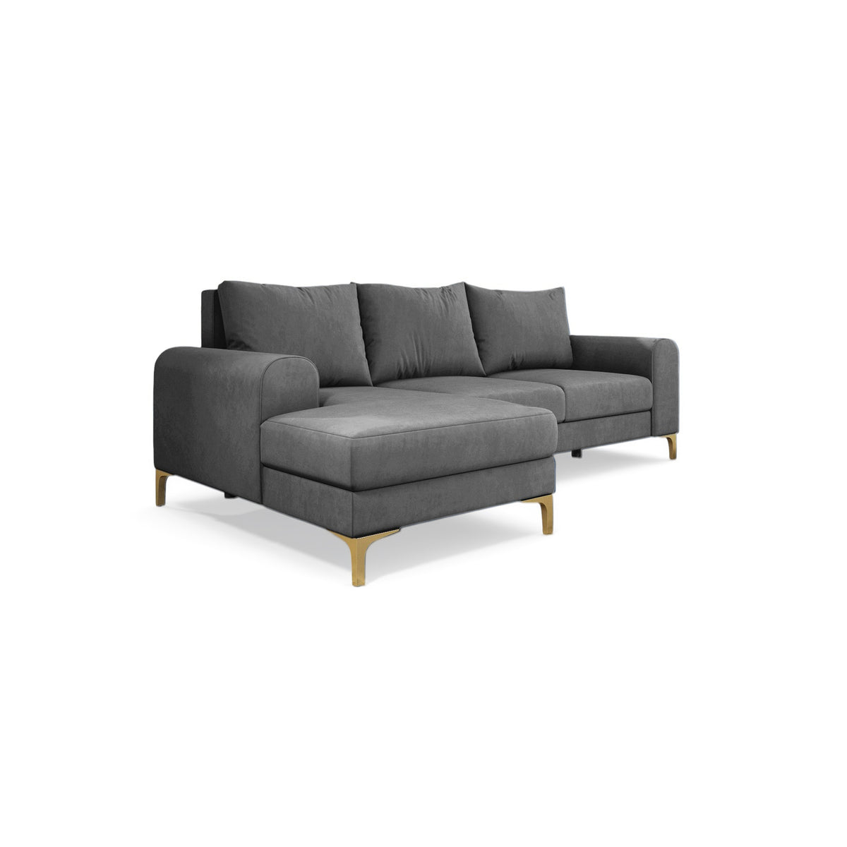 Hjørnesofa Arpelo 245x145 venstrevendt Stålgrå (MANILA 16) på guldben – hjørnesofa med opbevaring til sengetøj