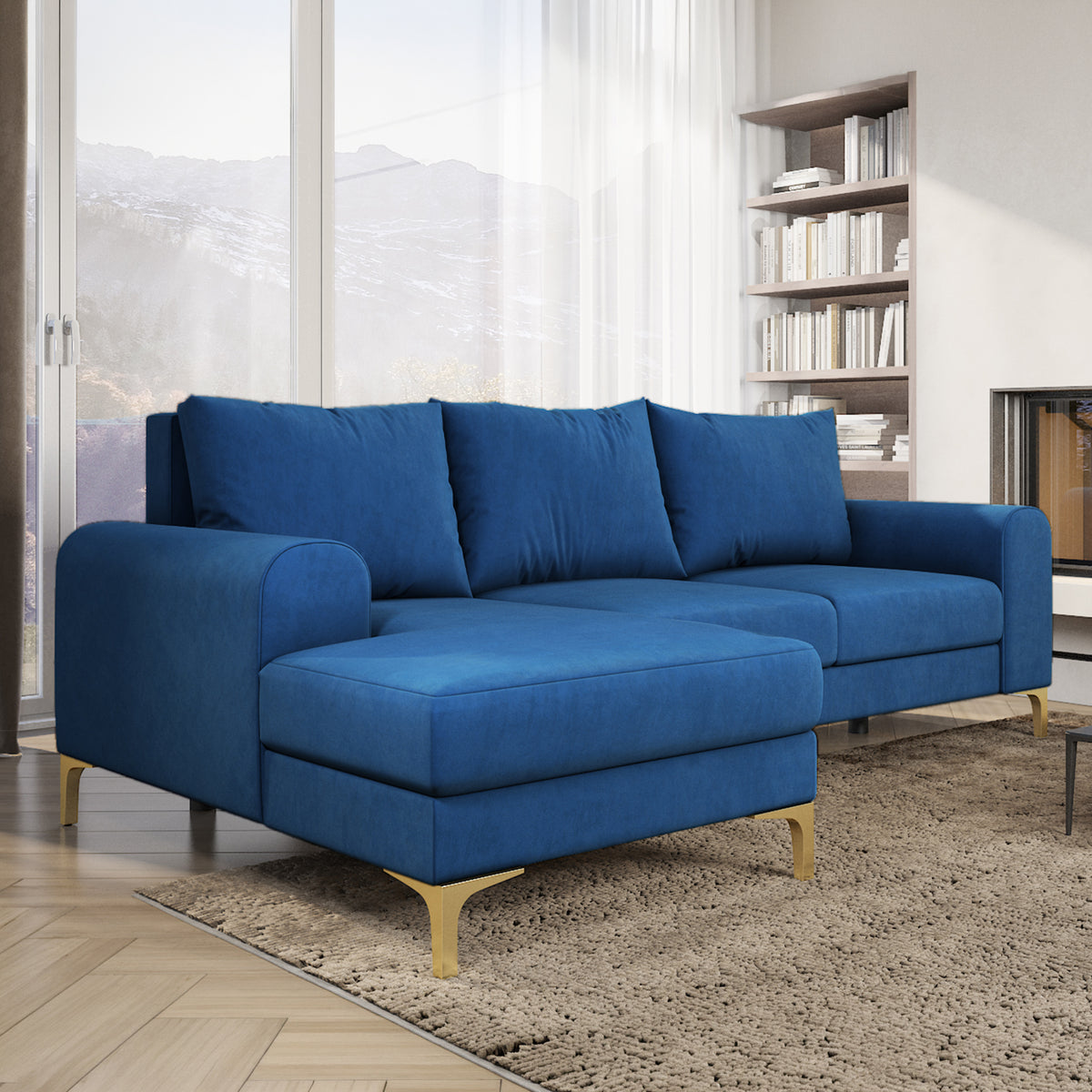Hjørnesofa Arpelo 245x145 Natsafir (MANILA 26) i en lys stue med reol og tæppe – hjørnesofa i velour
