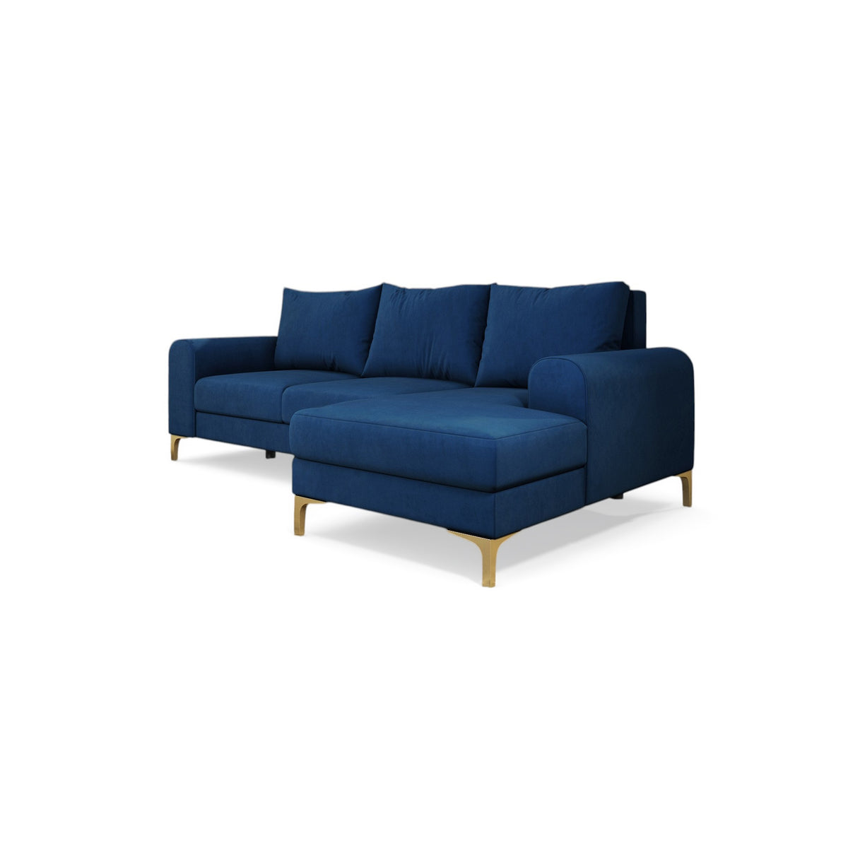 Hjørnesofa Arpelo 245x145 højrevendt Natsafir (MANILA 26) på guldben – chaiselong i højre side, set skråt