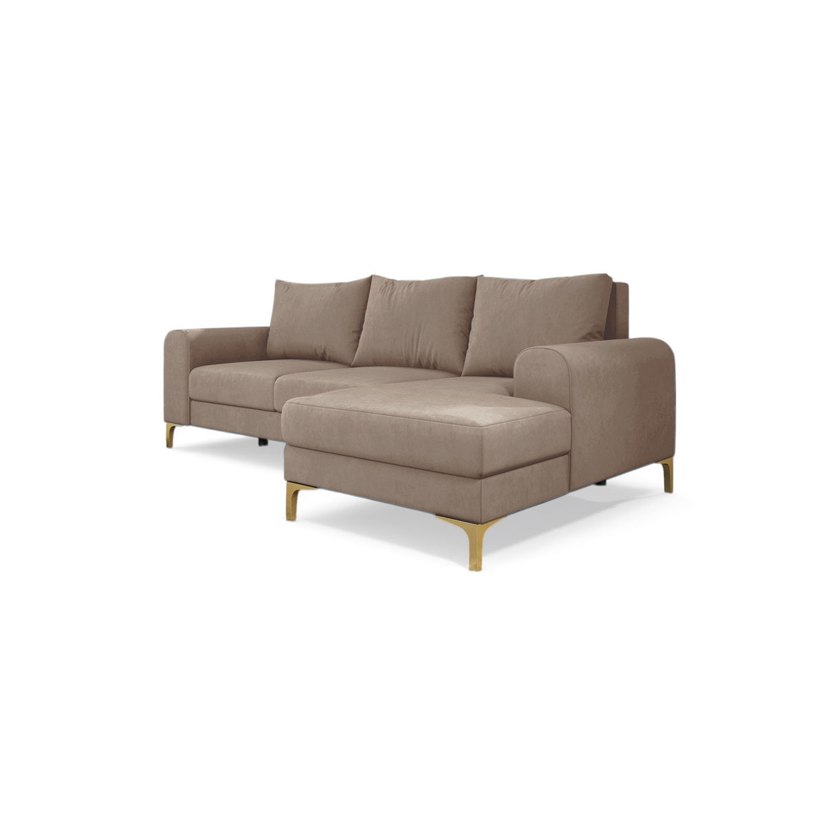 Hjørnesofa Arpelo 245x145 højrevendt Pudret Valnød (MANILA 02) på guldben – hjørnesovesofa i velour