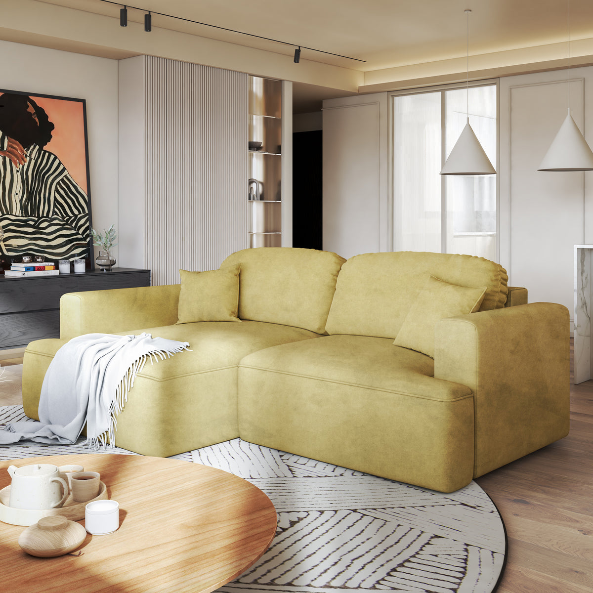 Hjørnesofa Senvali 240 cm Gylden Sepia (CLOUD 32) venstrevendt i stuen med rundt bord og plaid på chaiselongen
