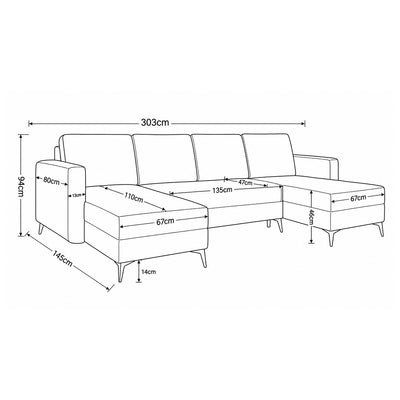 Måltegning af U-hjørnesofa Forra: bredde 303 cm, dybde 145 cm, højde 94 cm, chaiselonger 67 cm