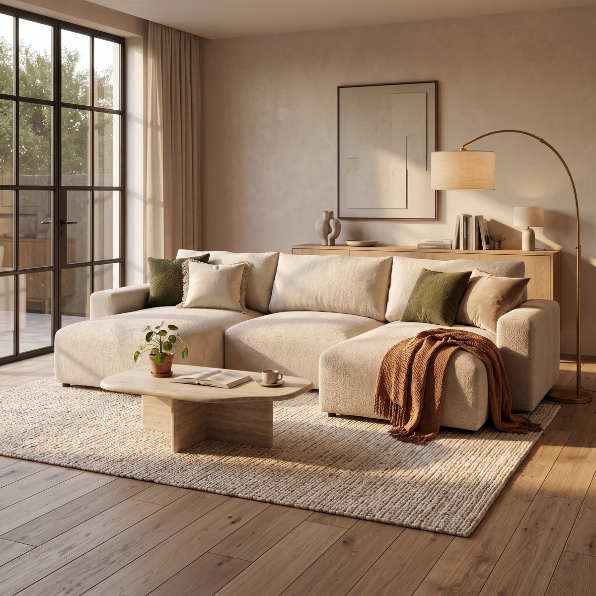 U-sofa Iskeli Cremet Taupe (ARAGON 03) i en lys stue med stenbord, lampe og plaid – sofa til stuen