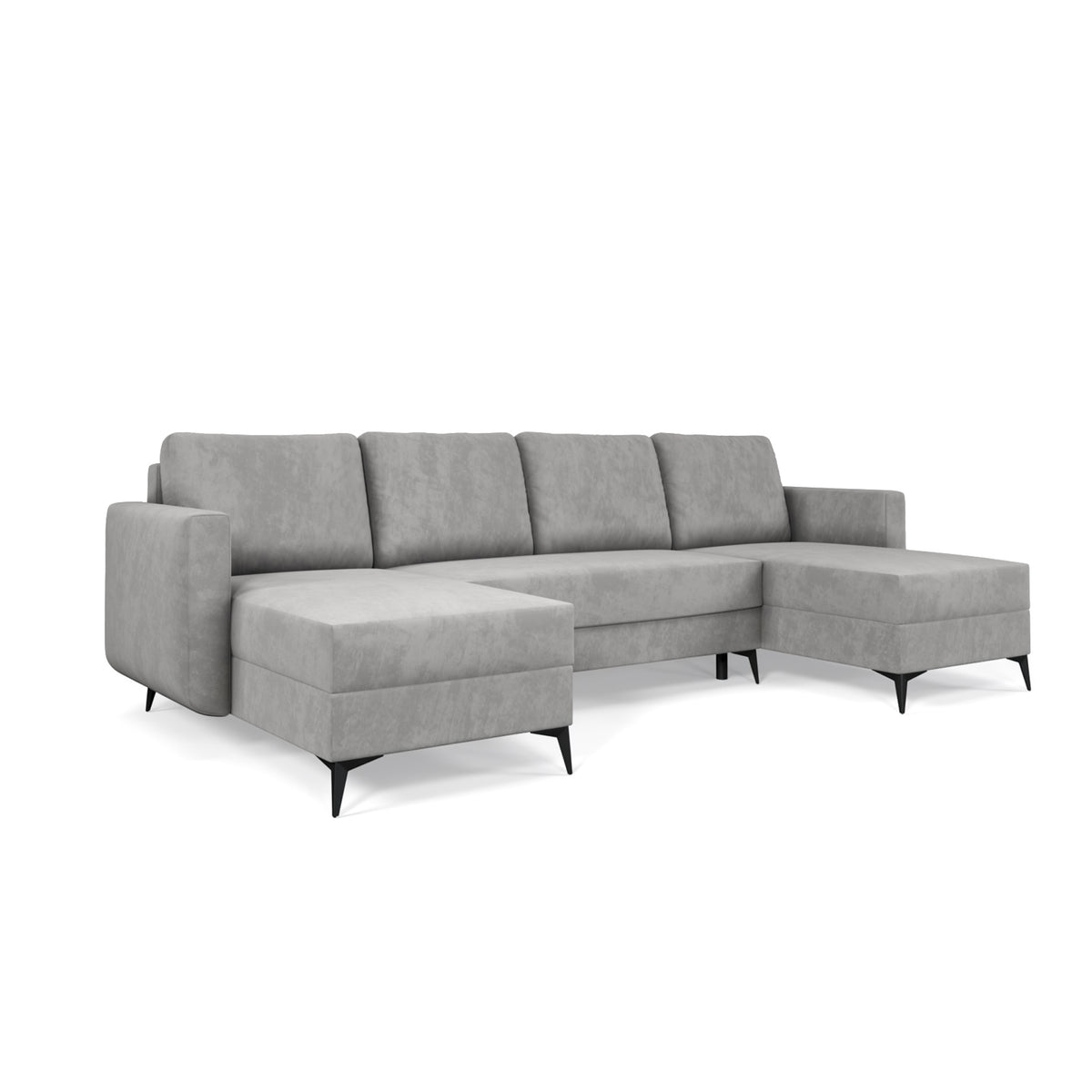 U-hjørnesofa med sovefunktion Forra 303 cm Stålgrå (MANILA 16), to chaiselonger og sorte metalben