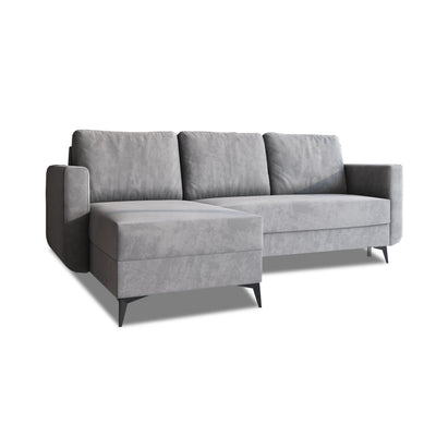 Forra-hjørnesofa med sovefunktion, 235 cm, stålgrå (MANILA 16), chaiselong til venstre, velour og sorte metalben