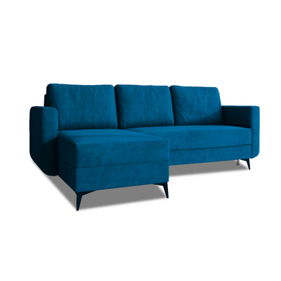 Hjørnesofa med sovefunktion Forra, natsafir (MANILA 26), venstrevendt udgave, velourstof Manila