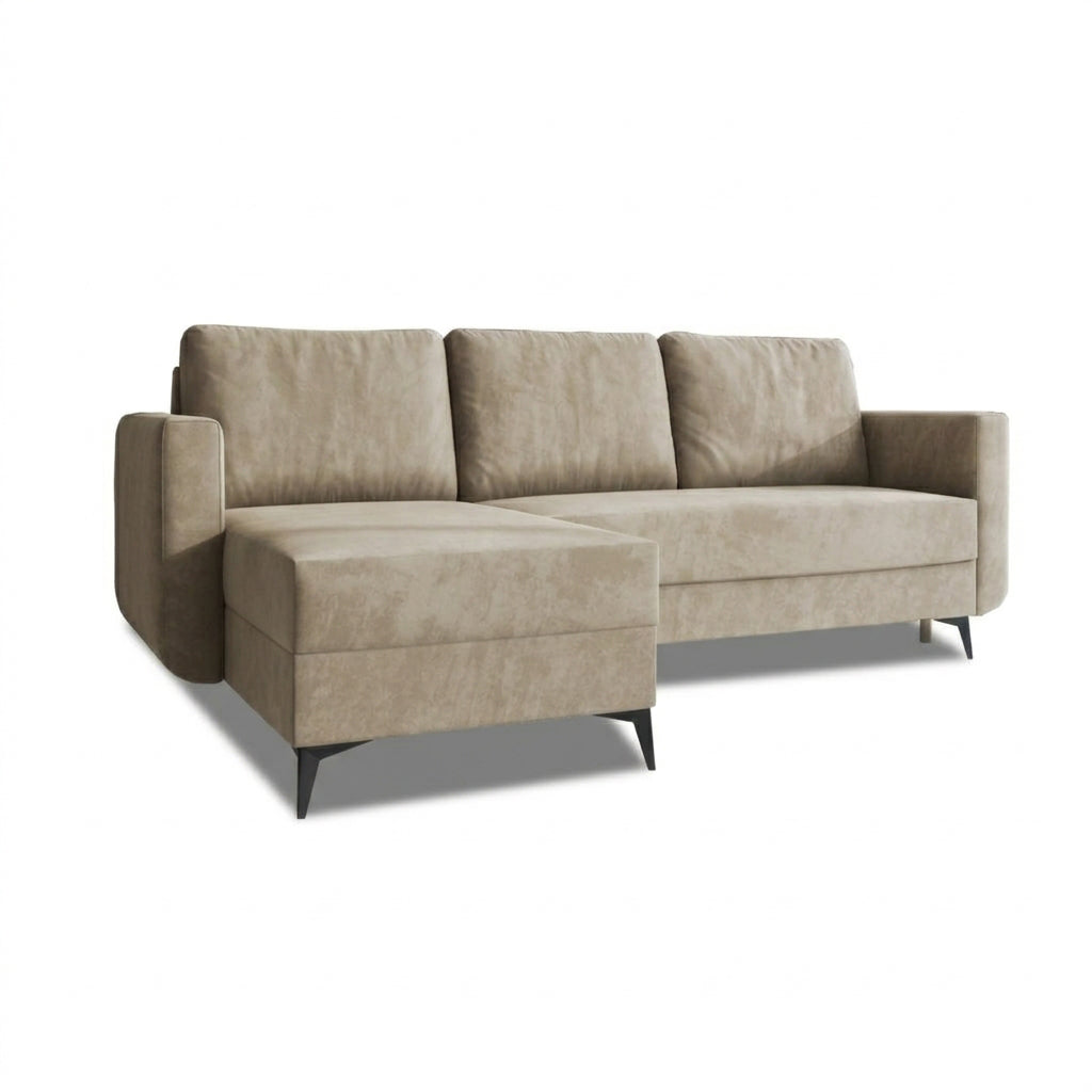 Hjørnesofa med sovefunktion Forra, puddervalnød (MANILA 02), venstrevendt udgave, velourstof Manila