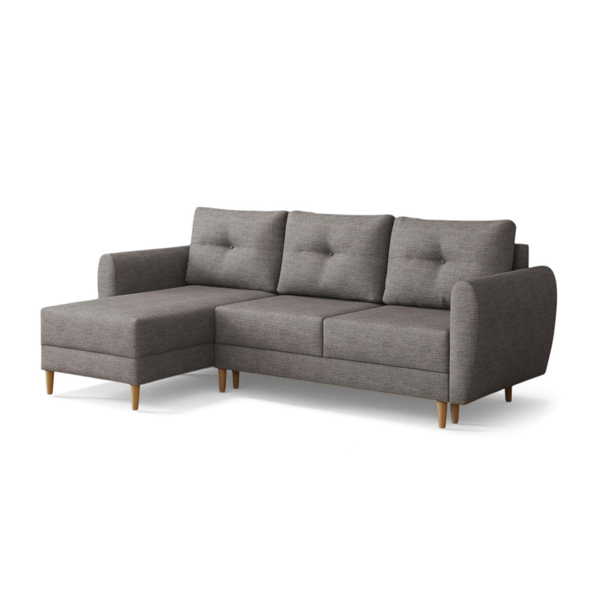Hjørnesofa med sovefunktion Harmi 235 cm Sølv Tåge (SAWANA 05), venstrevendt, quiltede puder og træben