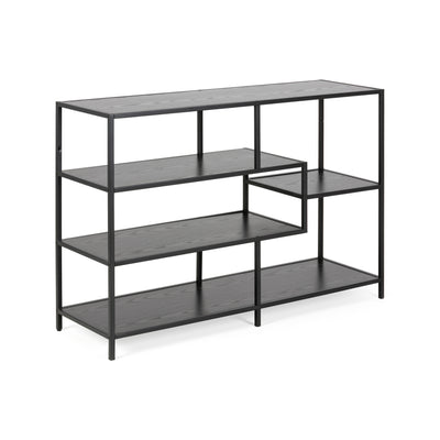 Skeleto-reol 114x78, sort melamin, set fra siden – sort reol med asymmetriske hylder i industriel stil