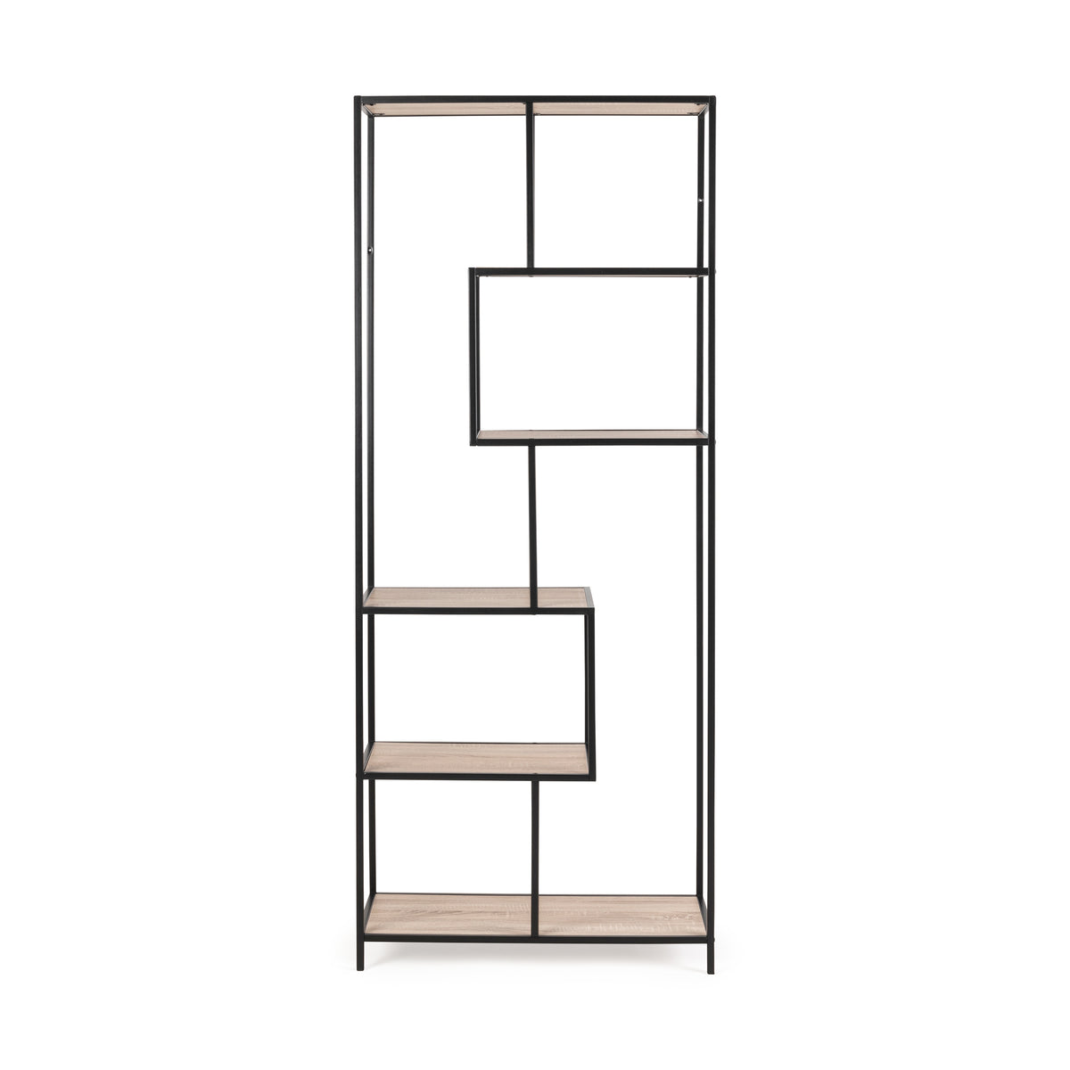 Skeleto-reol 77x185, Sonoma-eg, set forfra – asymmetriske nicher og åbne rum i loftstil