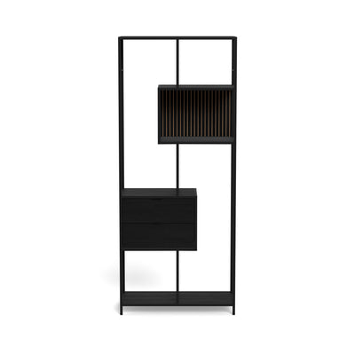 Skeleto-reol 77x185, sort melamin – forfra, sort reol med skuffer i loftstil