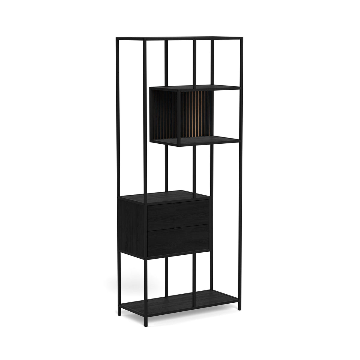 Skeleto-reol 77x185, sort melamin – set fra siden, niche med lister og to sorte skuffer