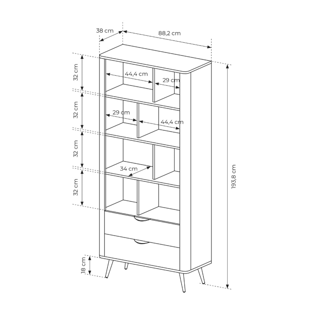 Velia-reol 88x194 med åbne hylder og skuffer i soft loft-stil – tegning med mål