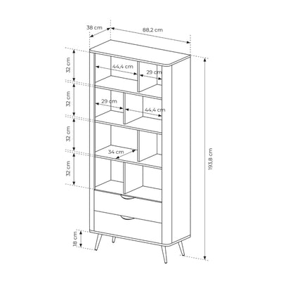 Velia-reol 88x194 med åbne hylder og skuffer i soft loft-stil – tegning med mål