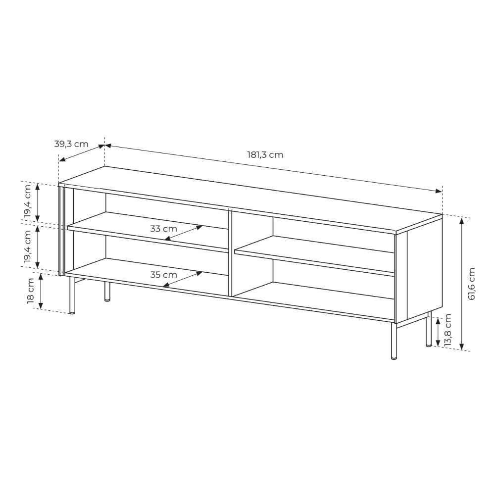 Lummer TV-bord 181x62 i moderne stil – tegning med mål