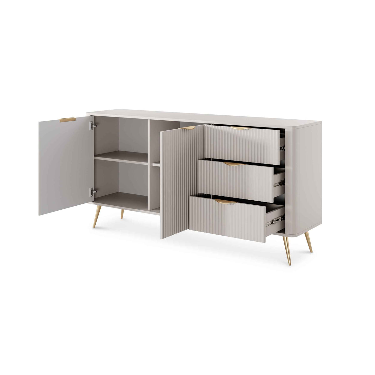 Laanti-kommode 163x81 med skuffer og låger i elegant stil – med åbne fronter
