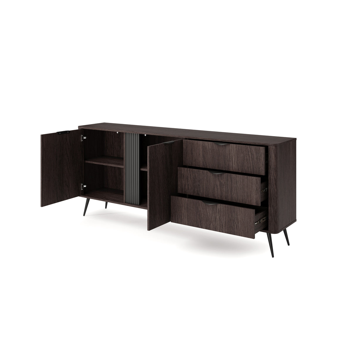 Velia-kommode, 195 x 81, med skabe og skuffer i soft loft-stil – med åbne fronter