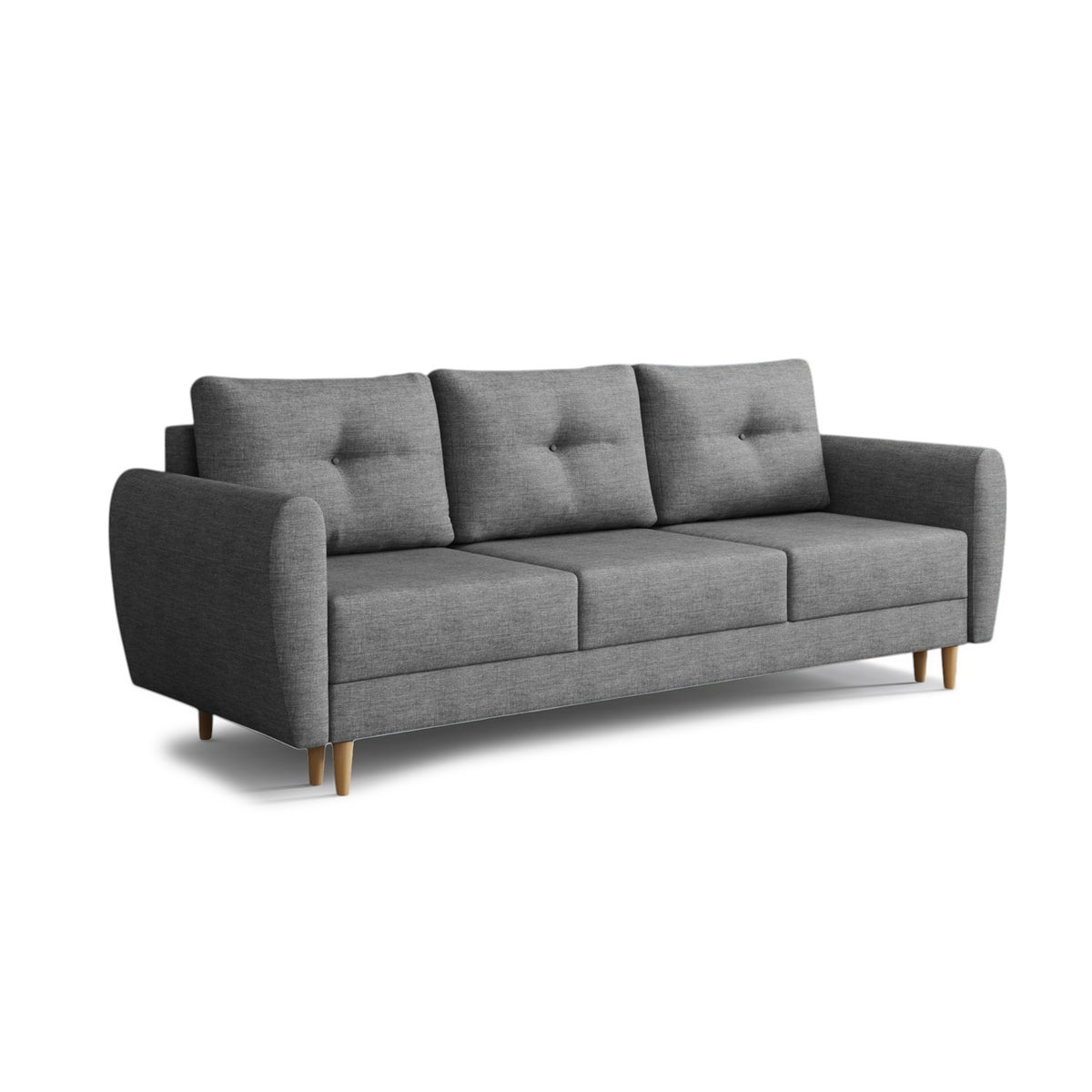 Harmi-sofa 235 cm, farven »Srebrna Mgła« (SAWANA 05) – sofa med sovefunktion og tre quiltede puder, set fra siden