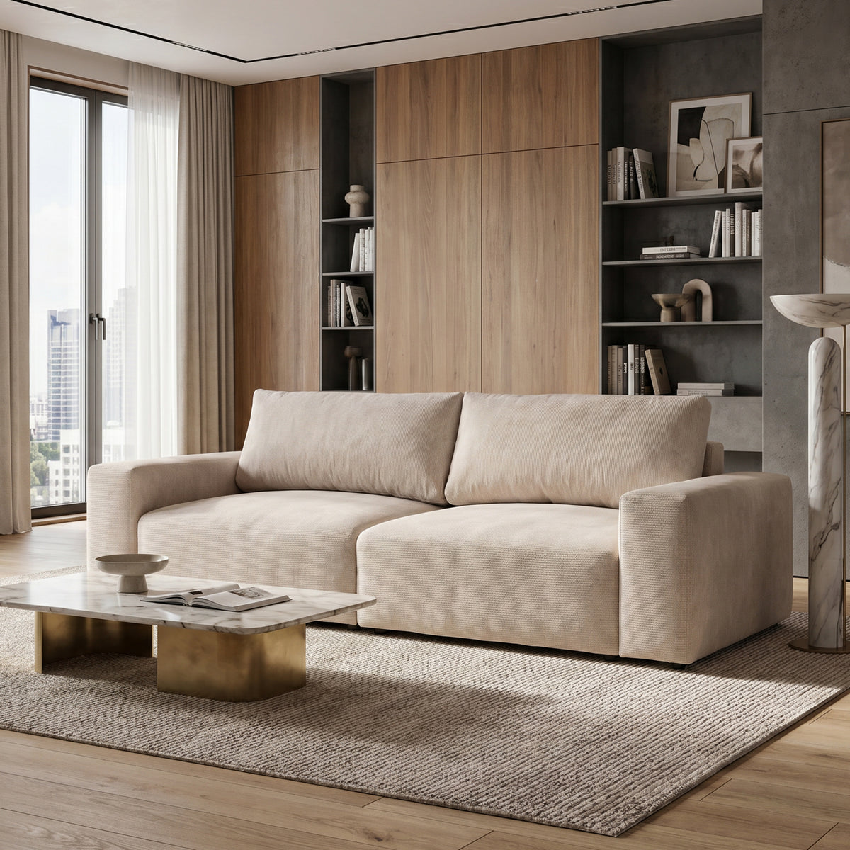 Sofa Iskeli 260 cm Cremet Taupe (ARAGON 03) i en stue med trævæg, reol og marmorbord – sofa til stuen