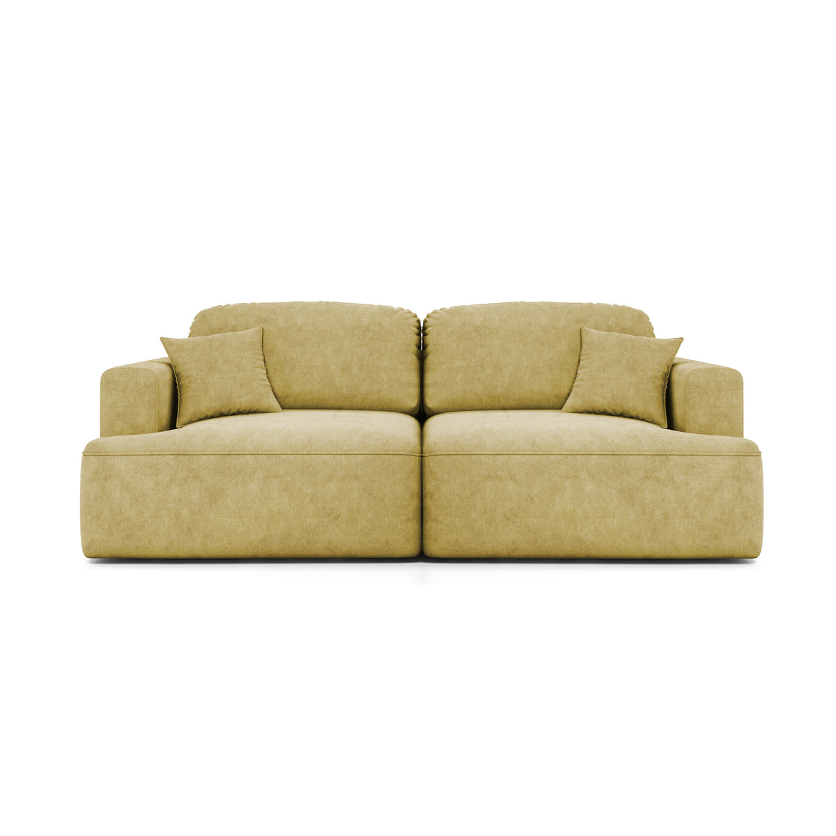 Sofa Senvali 241 cm Gylden Sepia (CLOUD 32) – sovesofa i velour med pyntepuder, set forfra