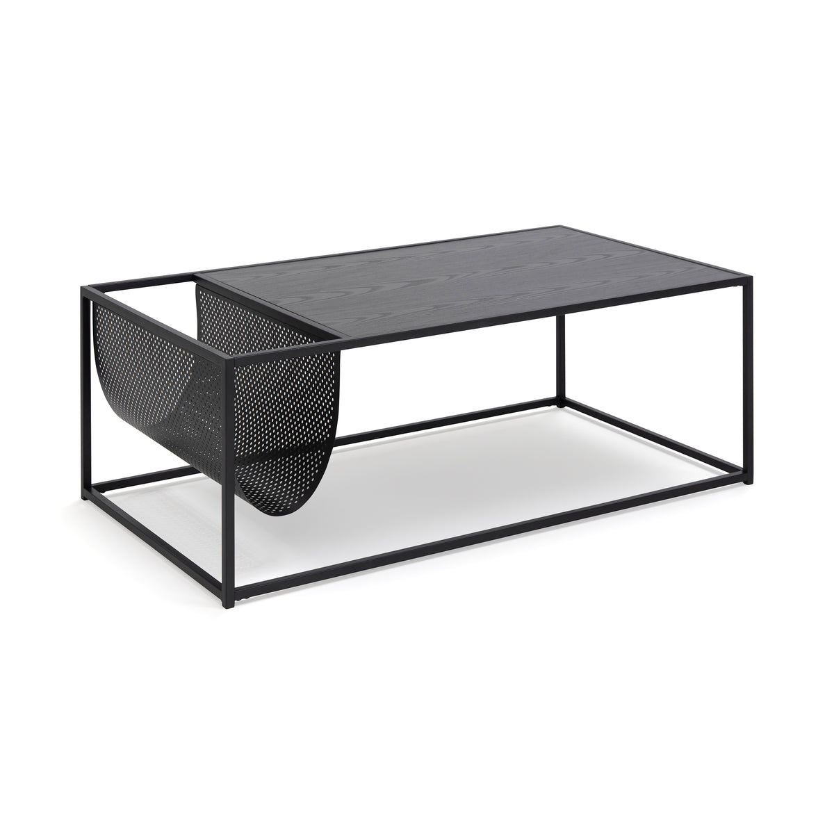 Skeleto sofabord 110x40 med bordplade i sort ask-look, set fra siden – sofabord til stuen med lomme til aviser