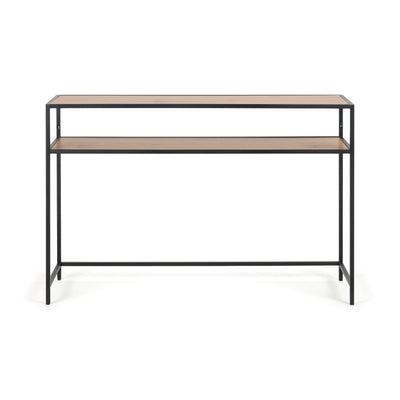 Skeleto-konsolbord 120x79, vild eg, set forfra – hylde under bordpladen og nederste tværstang