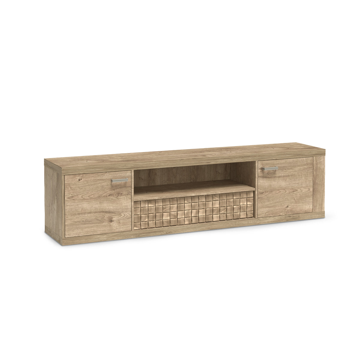 Korin TV-bord 196x51 i eg – langt TV-bord med skuffer i siderne og en niche i midten, set fra siden