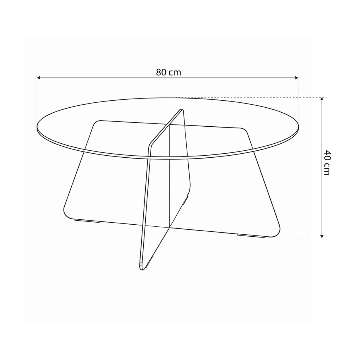 Aria Glass – et rundt sofabord til stuen med en diameter på 80 cm i moderne stil – tegning med mål